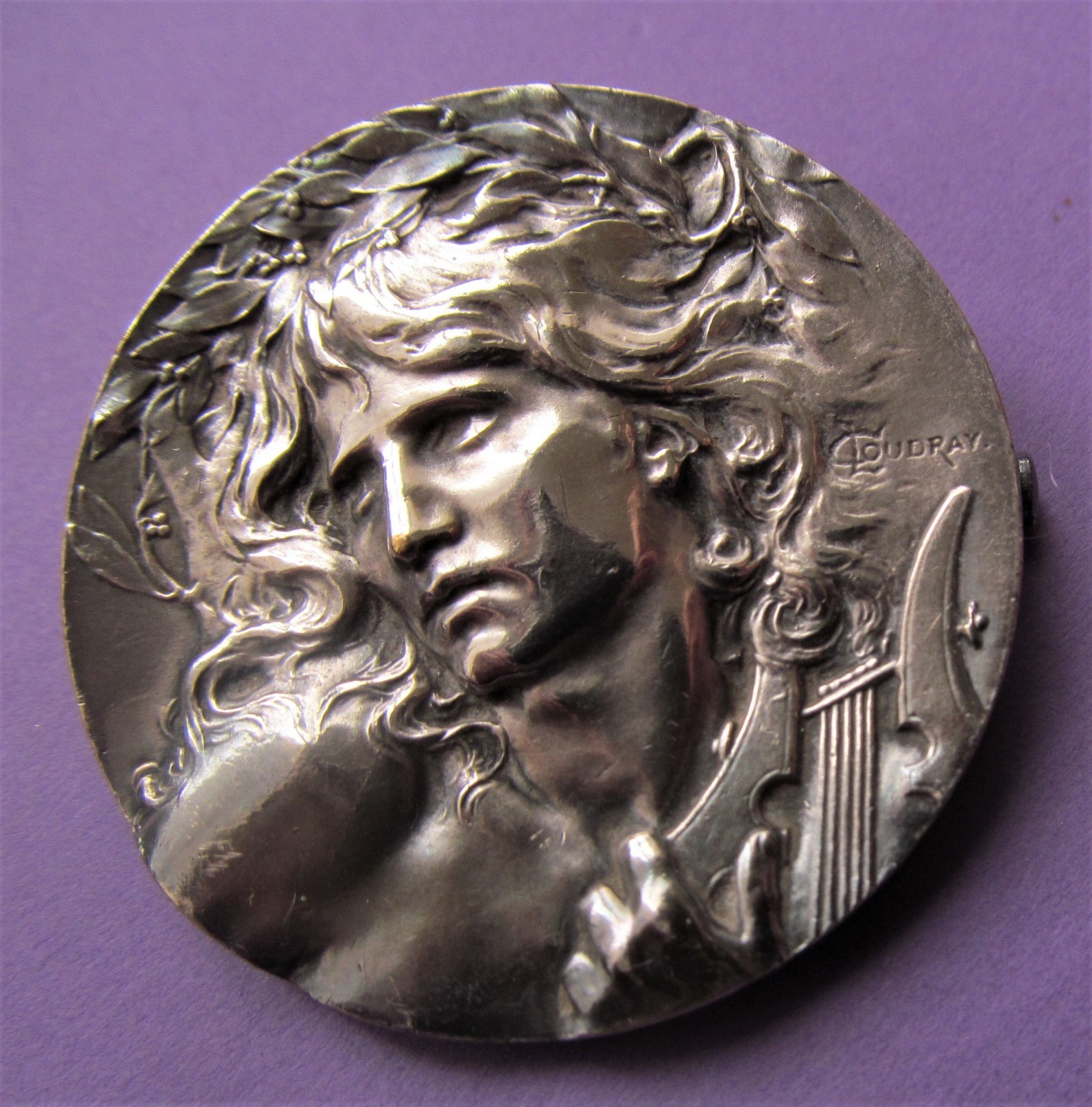 Orpheus With A Lyre Antique French Art Medal Brooch Signed Coudray