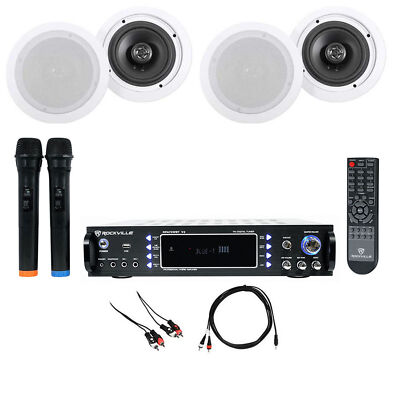 Rockville RPA70WBT Bluetooth Karaoke Amplifier+(4) 6.5'' Ceiling Speakers+Mics