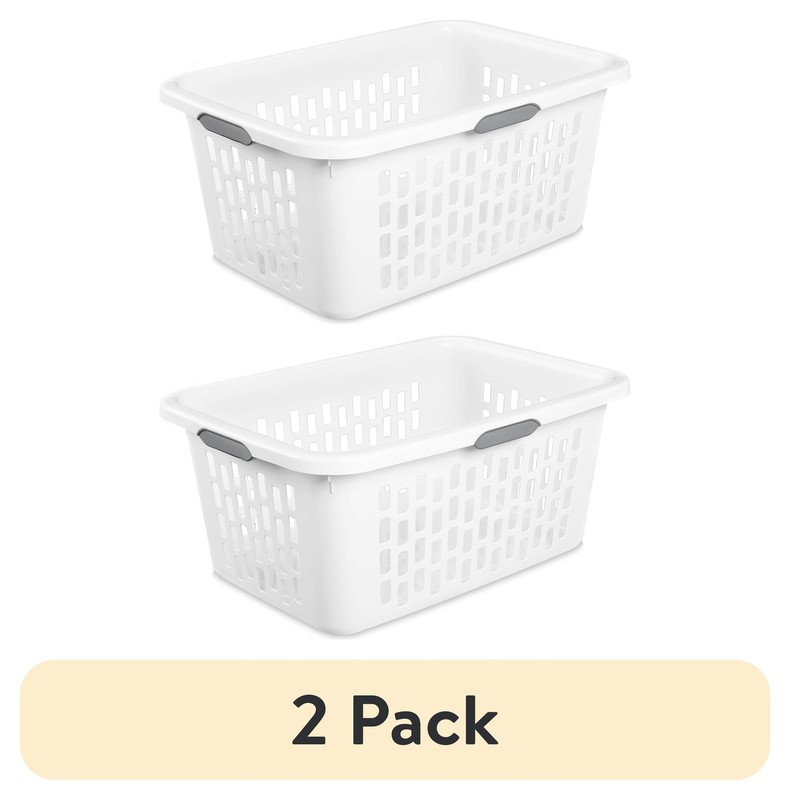 (2 Pack)  2 Bushel Large Plastic Laundry Basket with 4 Comfort Grip Handles, Whi