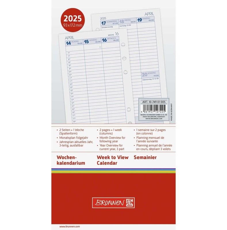 Brunnen Kalendereinlage Filius - 1 Woche = 2 Seiten In Spalten  - 1074901005