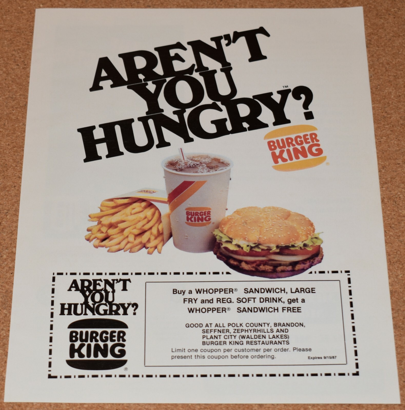 1987-print-ad-aren-t-you-hungry-burker-king-whopper-sandwich-coupon-drink-free-ebay
