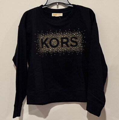 NWT Michael Kors Women's Gold Studded Logo Black Top  Shirt  Sweater Size P/M