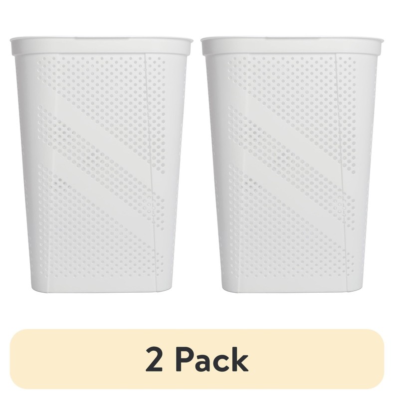 (2 Pack)  Plastic Rectangular Hinged-Lid Laundry Hamper, White, Adult