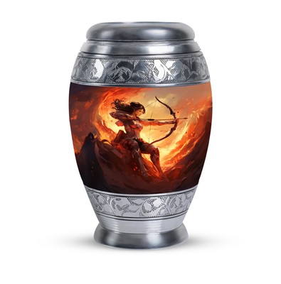 Warrior Archer In Fiery Landscape Artful Ashes Urn Human Cremation 10 Inch
