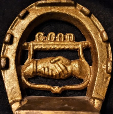 Antique Victorian Masonic Handshake Brass Good Luck Horseshoe Eagle Bookends