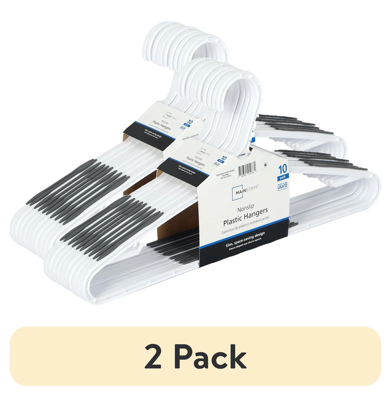 (2 Pack)  Non-Slip Clothes Hangers, 10 Pack, White, Durable Plastic, T