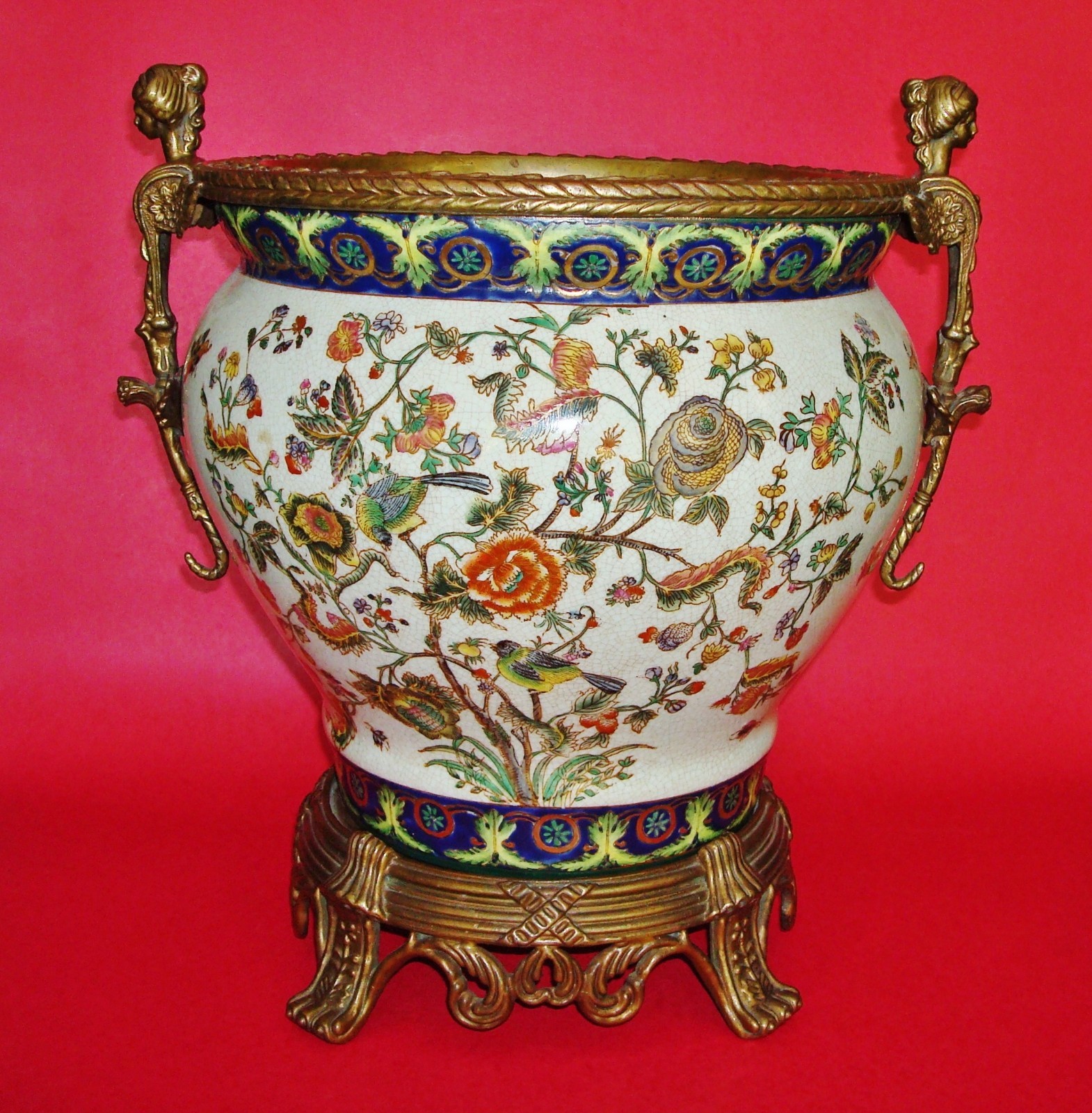 Contemporary Chinese WONG LEE Crackled Glaze Porcelain Planter w/ Ormolu Bronze