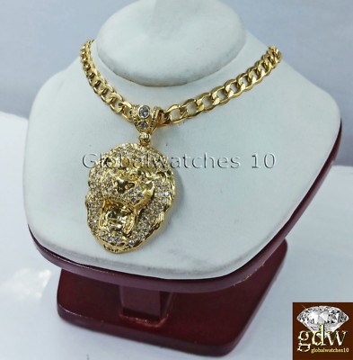 Pre-owned Globalwatches10 Real Men 10k Gold Lion Head Charm Pendant With 28" Inch Miami Cuban Link Chain In Yellow
