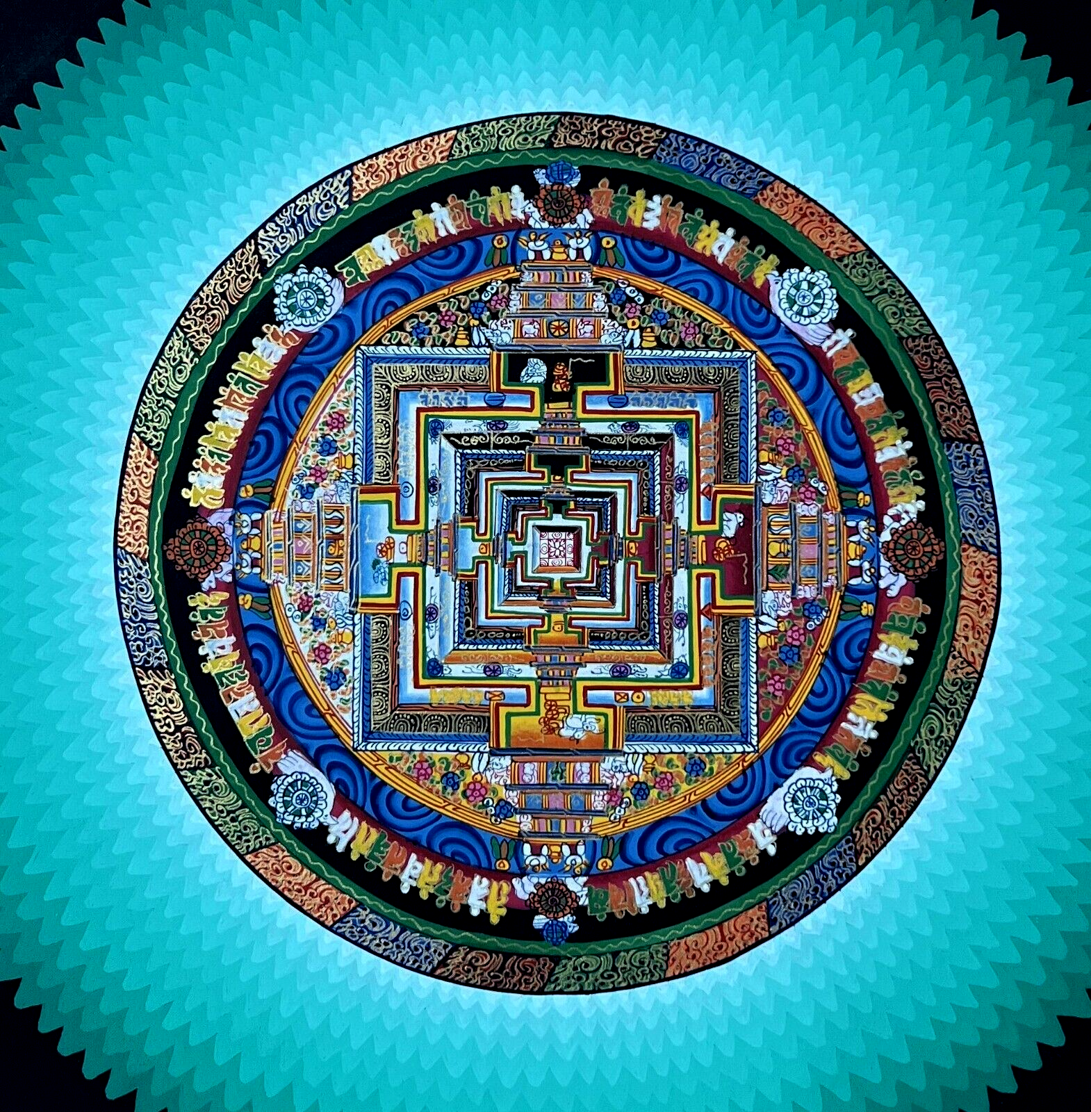 ORIGINAL HAND-PAINTED LOTUS RAINBOW KALACHAKRA MANDALA TIBETAN THANGKA PAINTING