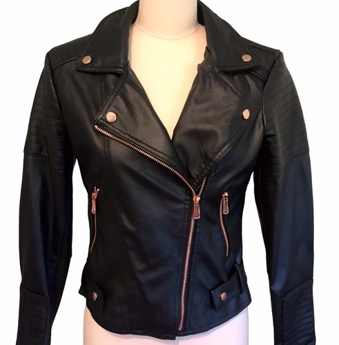Miss London Faux Leather Black Moto Jacket Rose Gold