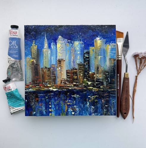 New York Original Art Night Cityscape Painting Skyline Art New York Painting