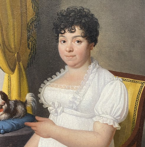 Exceptional c. 1810 French Empire Portrait of Lady & Dog on Pillow Oil on Canvas