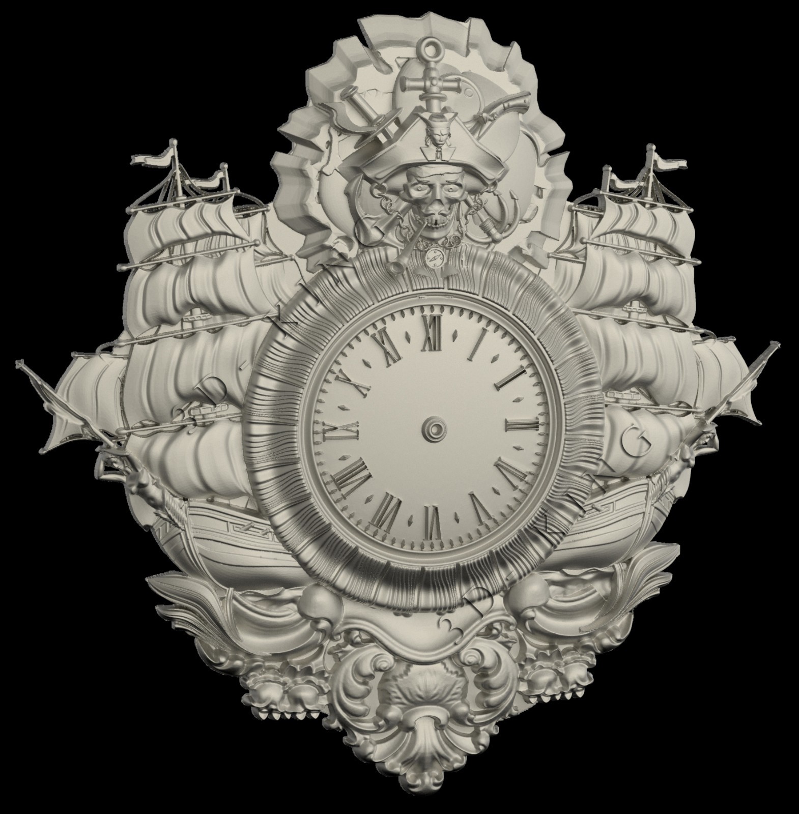 3D STL Model WALL CLOCK PIRATE & SHIPS for CNC Router Aspire Artcam 3D Printer 
