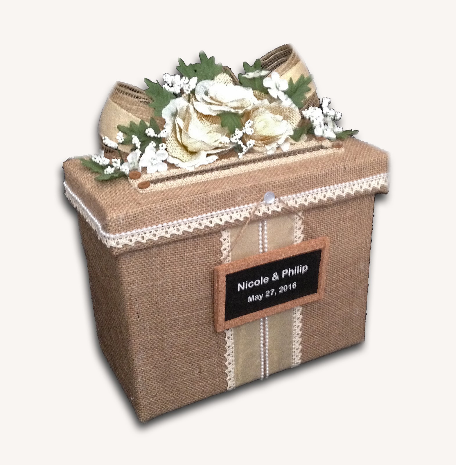 Burlap Wedding Card Box,White Roses,Holds 80 cards,All The Best Card Boxes,beige