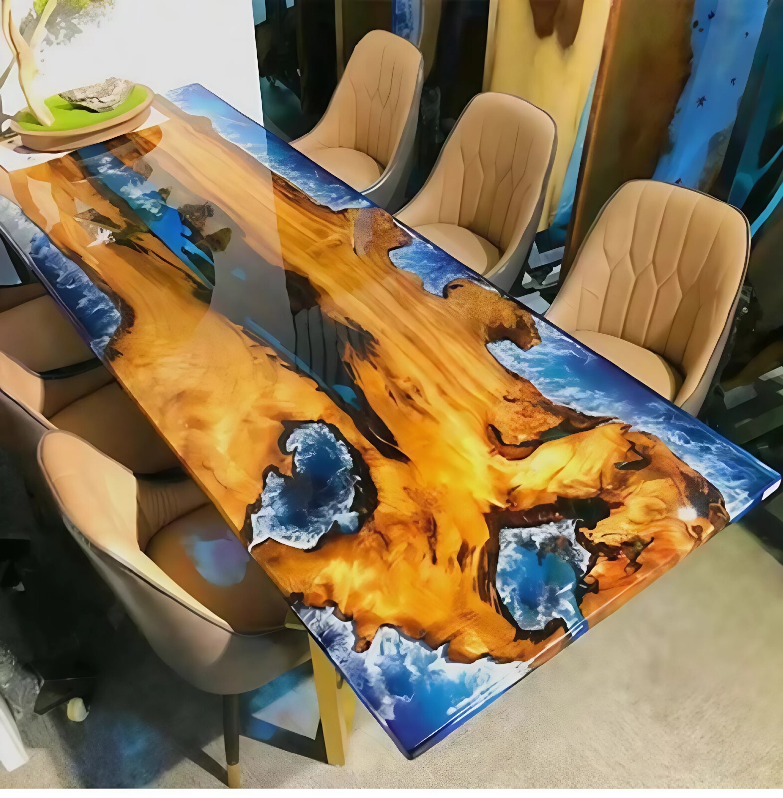 【メタデイズム】リバーテーブル　おしゃれ Blue Resin Epoxy River Themed Dining Table Top Elegant