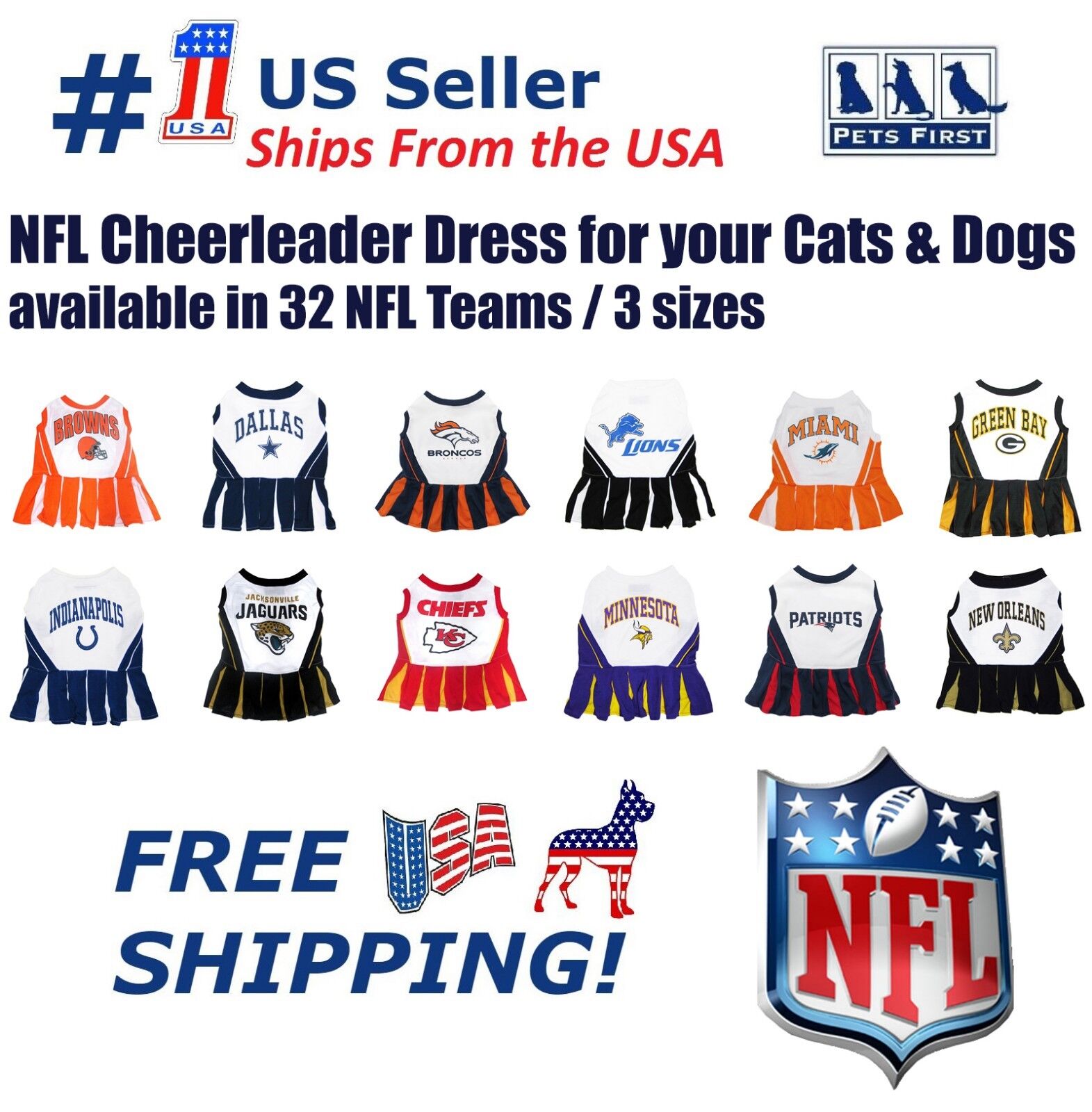 NFL Cheerleader Outfit for Dogs/Cats. 32 Football Teams, 3 S