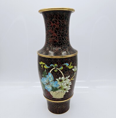 Chinese Cloisonne Ware Vase Lamp Base 12'' Brown Enamel Brass Flower Basket
