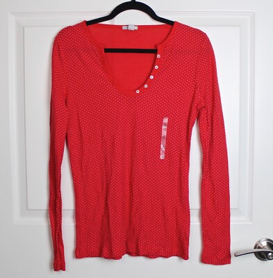 NEW Old Navy Long Sleeve Cotton Waffle Knit Shirt Red Polka Dot Split Neck Med