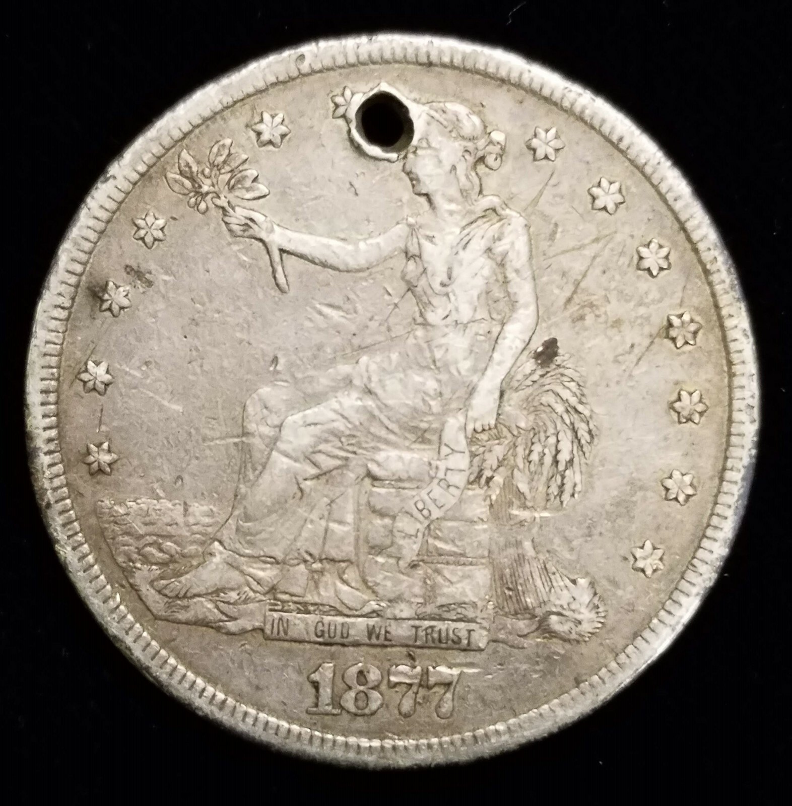 1877-S Trade Silver Dollar $1 w/ XF Details Holed