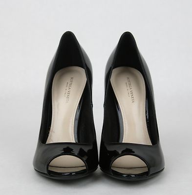 Pre-owned Bottega Veneta $660  Patent Leather Woven Peep Toe Pump Black 322714 1000