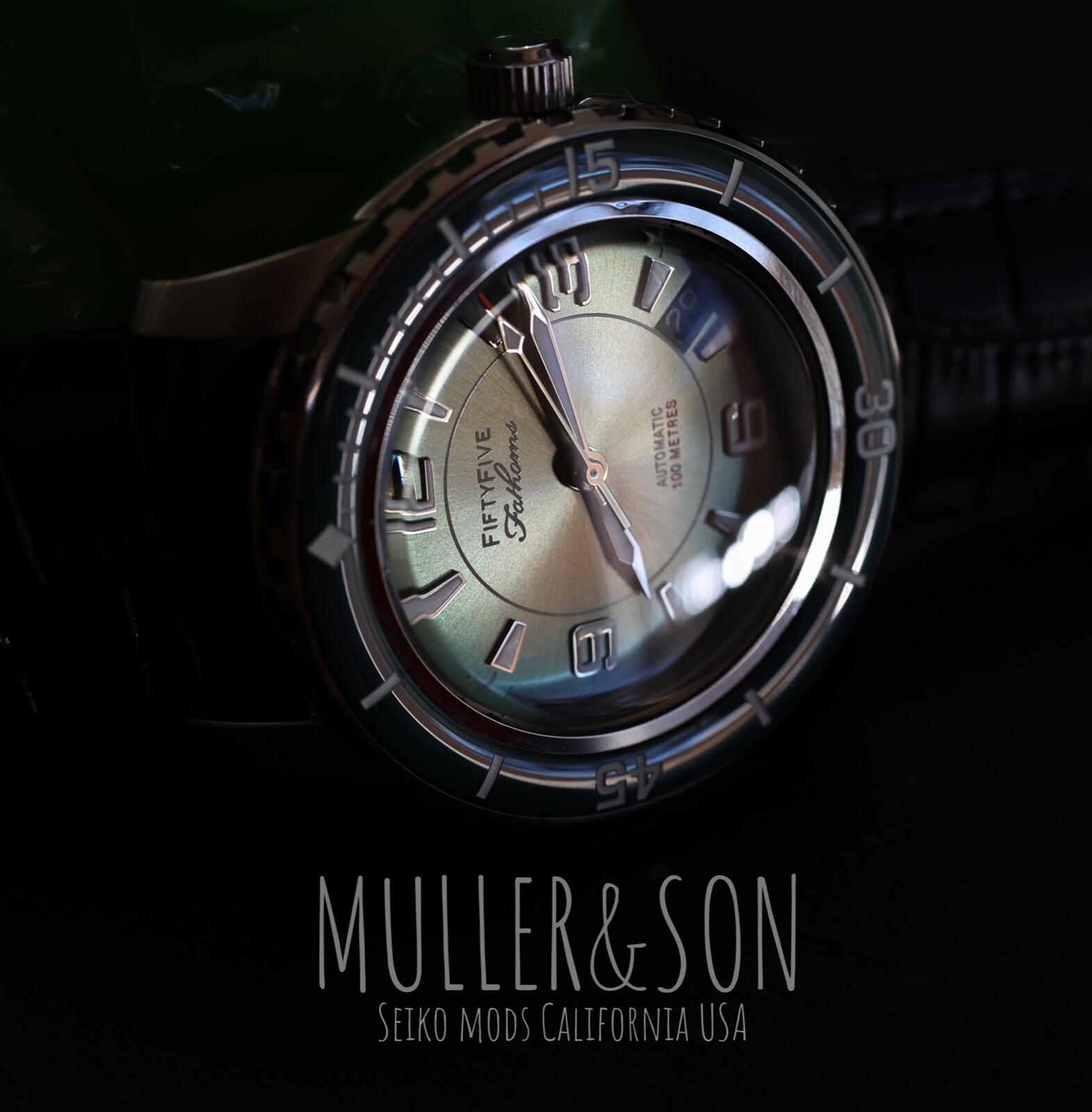Pre-owned Müller&son Watch "modern Green Supermod" Made From Seiko Snzh Fifty Five Fathoms