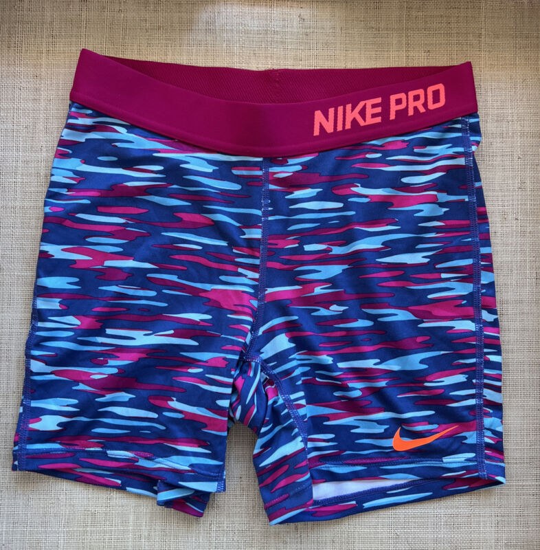 NIKE PRO Youth Girls DRI-Fit Compression Athletic Shorts Blue Multi Color, XL