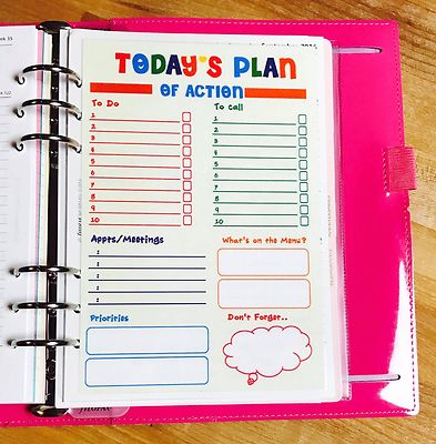 Today's Plan of Action Daily Two Sided Dashboard for use with Filofax A5-