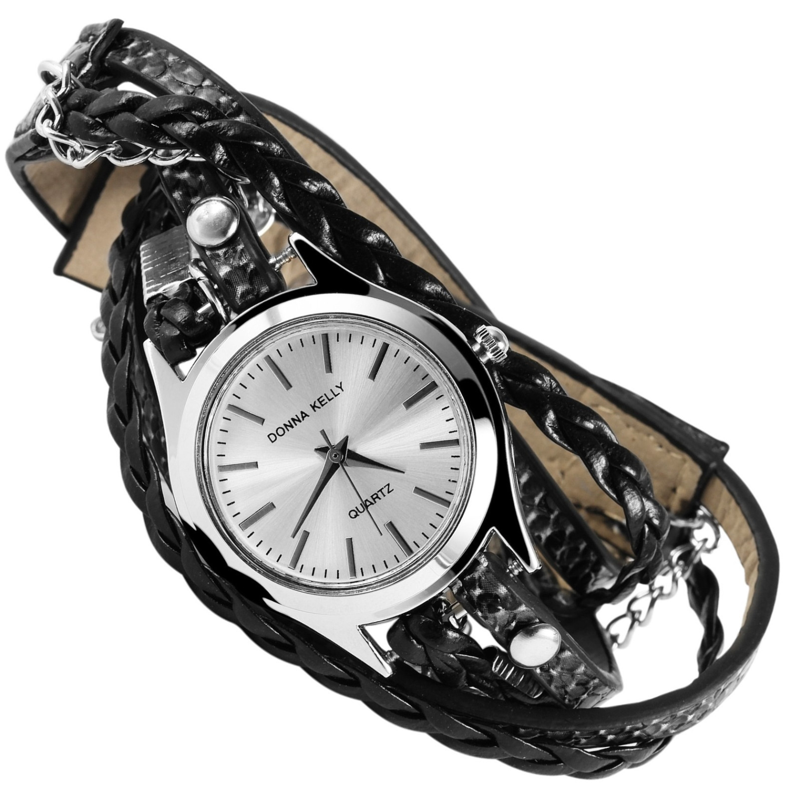 Damenuhr Armbanduhr SilberSchwarz Wickelarmband Steampunk Retro Donna Kelly