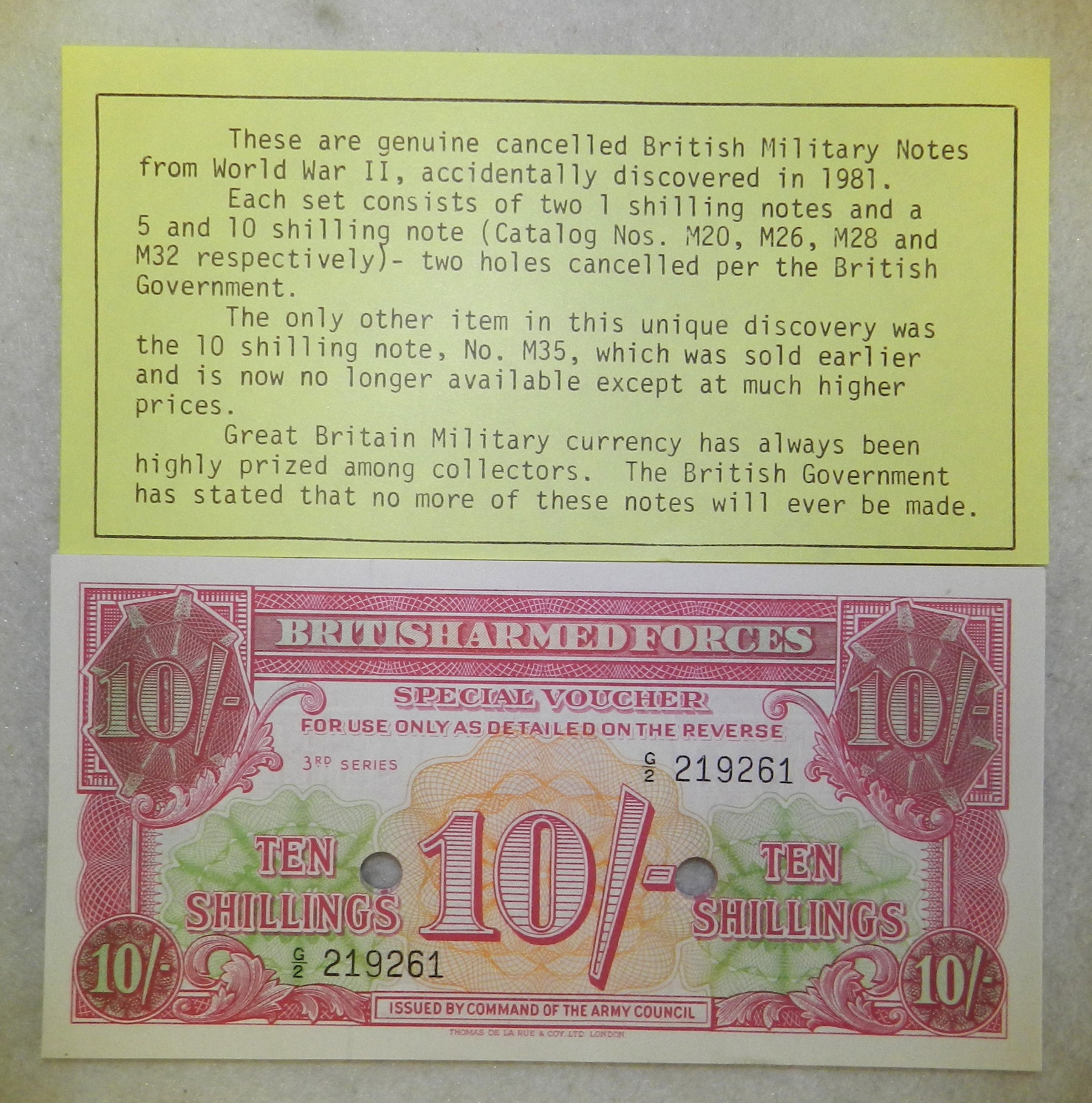 10 Sequential Serial Numbers British Armed Forces 10 Shillings Note WW2