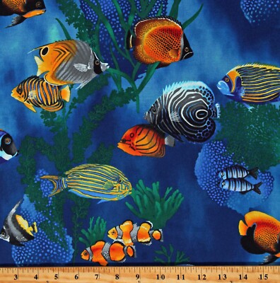 Cotton Island Sanctuary Fish Ocean Animals Nautical Fabric Print by Yard D580.61