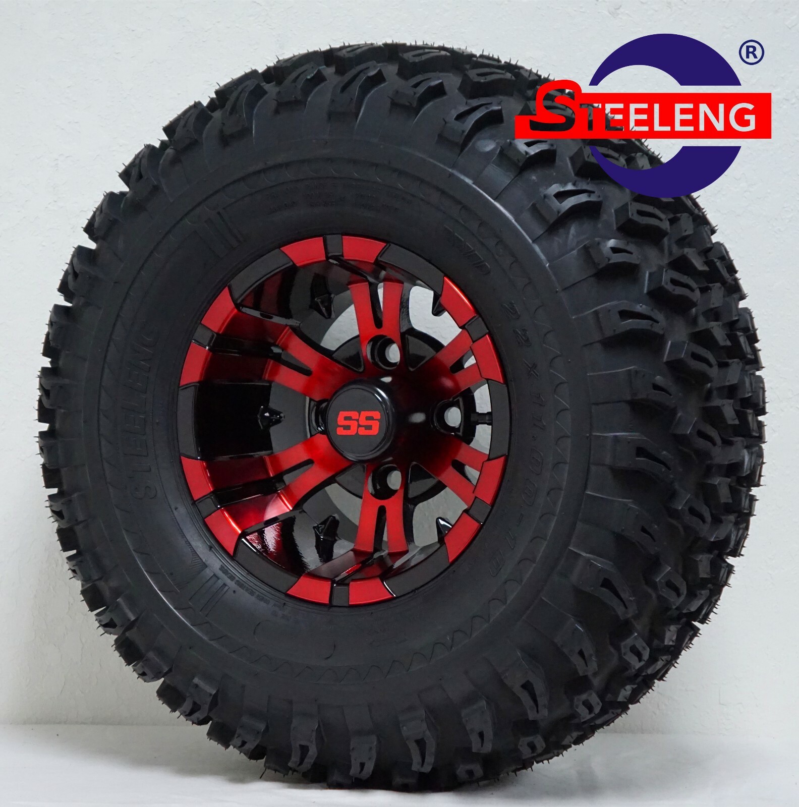 GOLF CART 10" RED-BLACK VAMPIRE WHEELS/RIMS and 22x11-10 ALL TERRAIN TIRES (4)