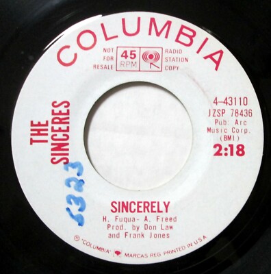 the SINCERES 45 Sincerely/Snap Your Fingers VG+ doo wop PROMO on Columbia  mc108