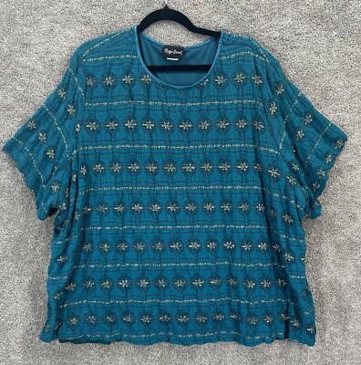 Maggie Barnes Top Womens 5X Teal Blue Metallic Short Sleeve Pullover Nylon Shirt
