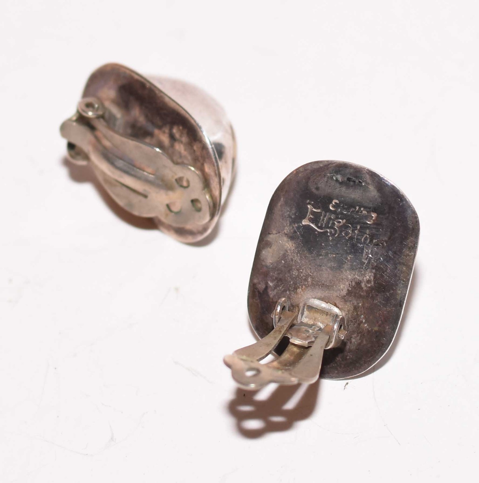 VINTAGE ELLIGATOR CHRIS BALES STERLING CLIP EARRINGS SIGNED Estate Jewelry!