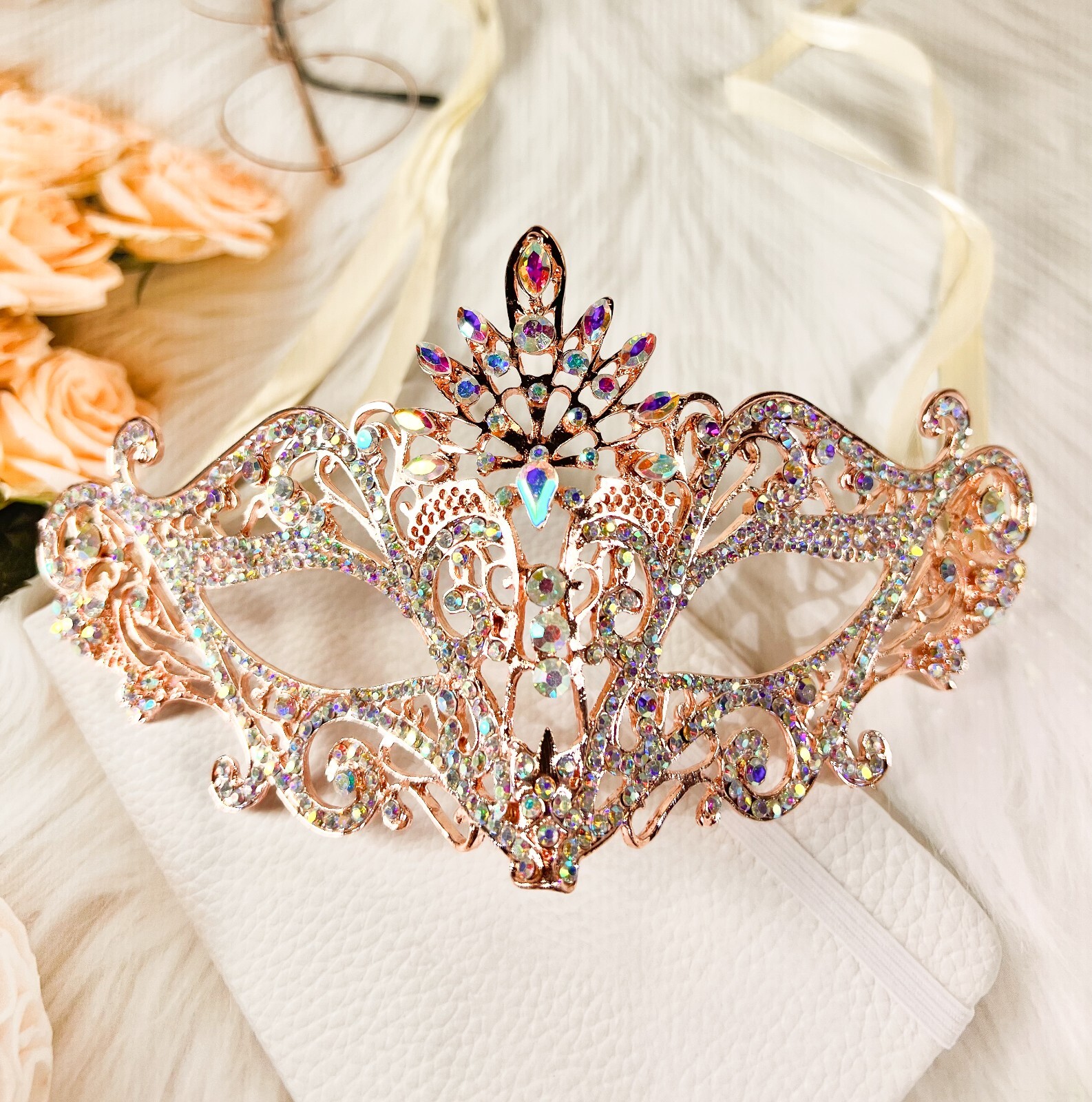 Masquerade Mask Luxury Crystal, Rhinestone Gold AB Eye Mask