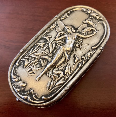 FAIRY & MOON ~ ANTIQUE Silver Plate MATCH SAFE BOX Victorian Nouveau VINTAGE