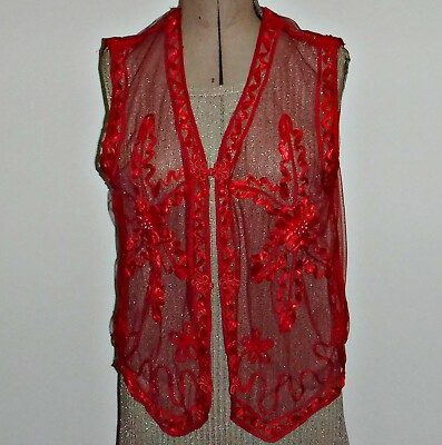 WOW EXQUISITE WAISTCOAT FROM JANES RED NET APPLIQUE & BEADING VERY VERSATILE M
