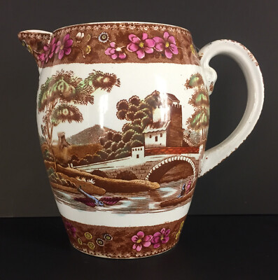 Antique Delft Pitcher Transferware Countryside 5 1/2 X 6 1/3