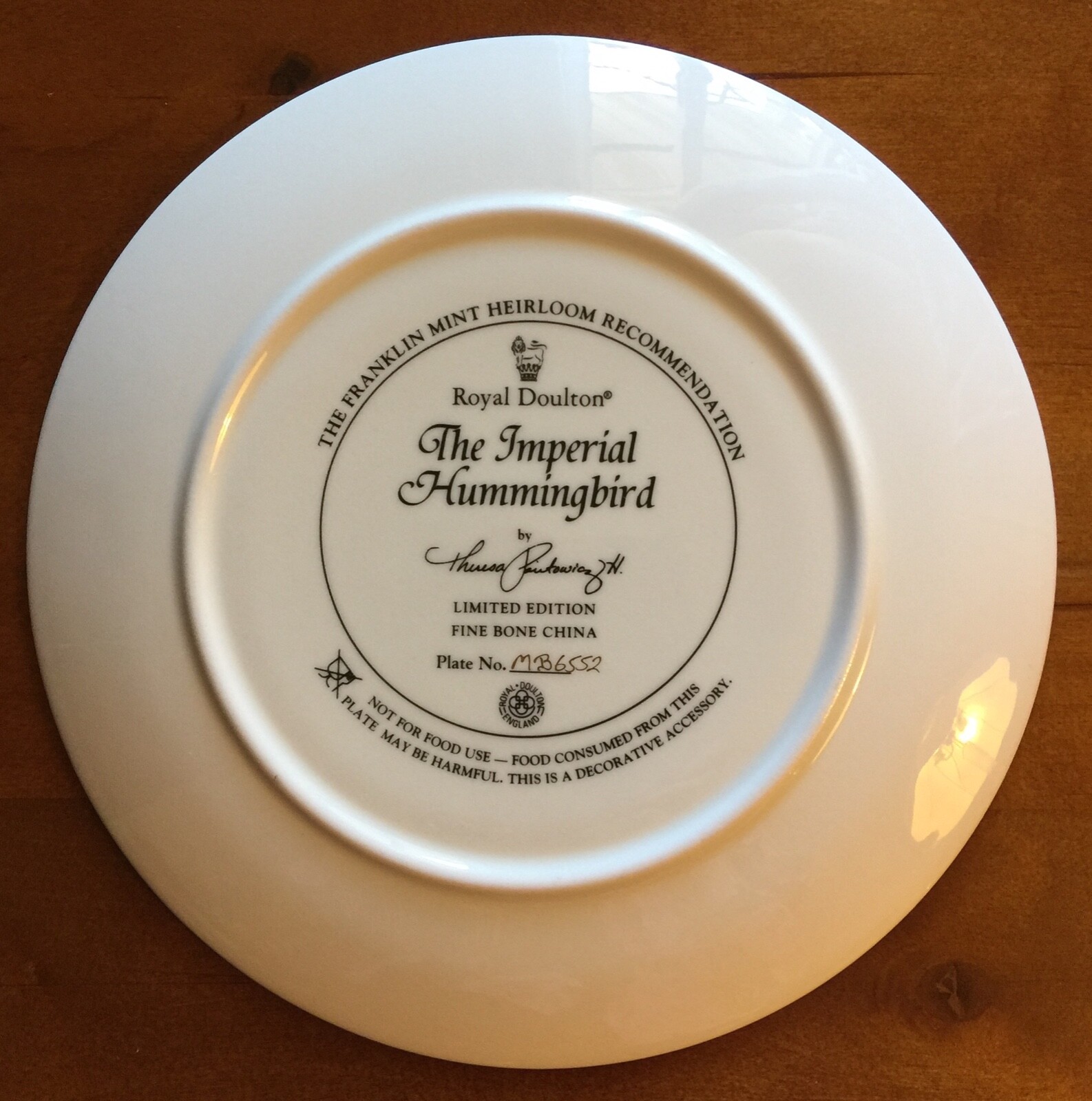 Imperial Hummingbird Theresa Politowicz Franklin Mint Collector Plate