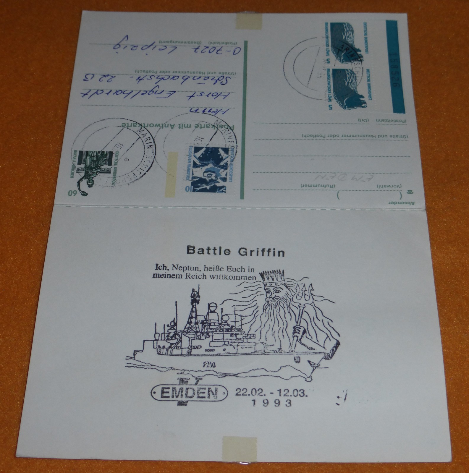 Fregatte Emden Neptun BW Marine Schiffspost Bahnpost Rostock Leipzig Bogennummer