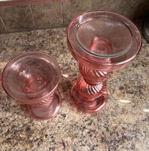 Set of 2 Pink Glass Ring Pillar Candle Holders 10" and 7" Tall W/O Candle