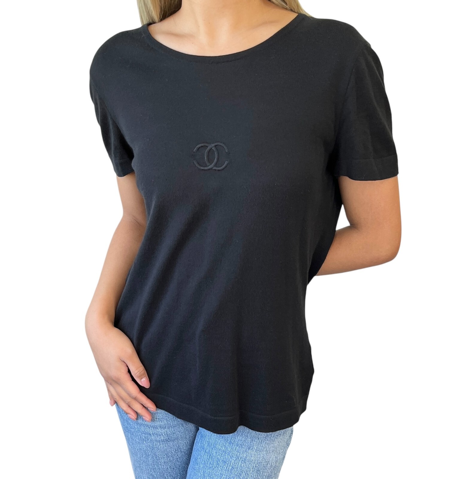 トップス 90s CHANEL BOUTIQUE COCO MARK TEE 独特の素材 90s CHANEL BOUTIQUE COCO MARK TEE from Japan