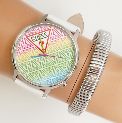 GUESS Watch Женские наручные часы V1020M1 Hollywood IP Серебристые кожаные белые Новые