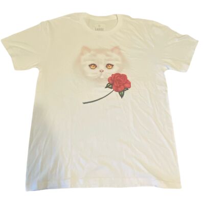 ESWIC T-Shirt Unisex White Size Large Short Sleeve Crew Neck Cat Red Rose