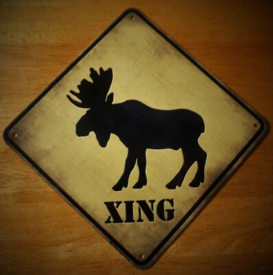 Moose Crossing Tin Metal Sign Rustic Log Cabin Hunting Hunter Lodge Home Decor