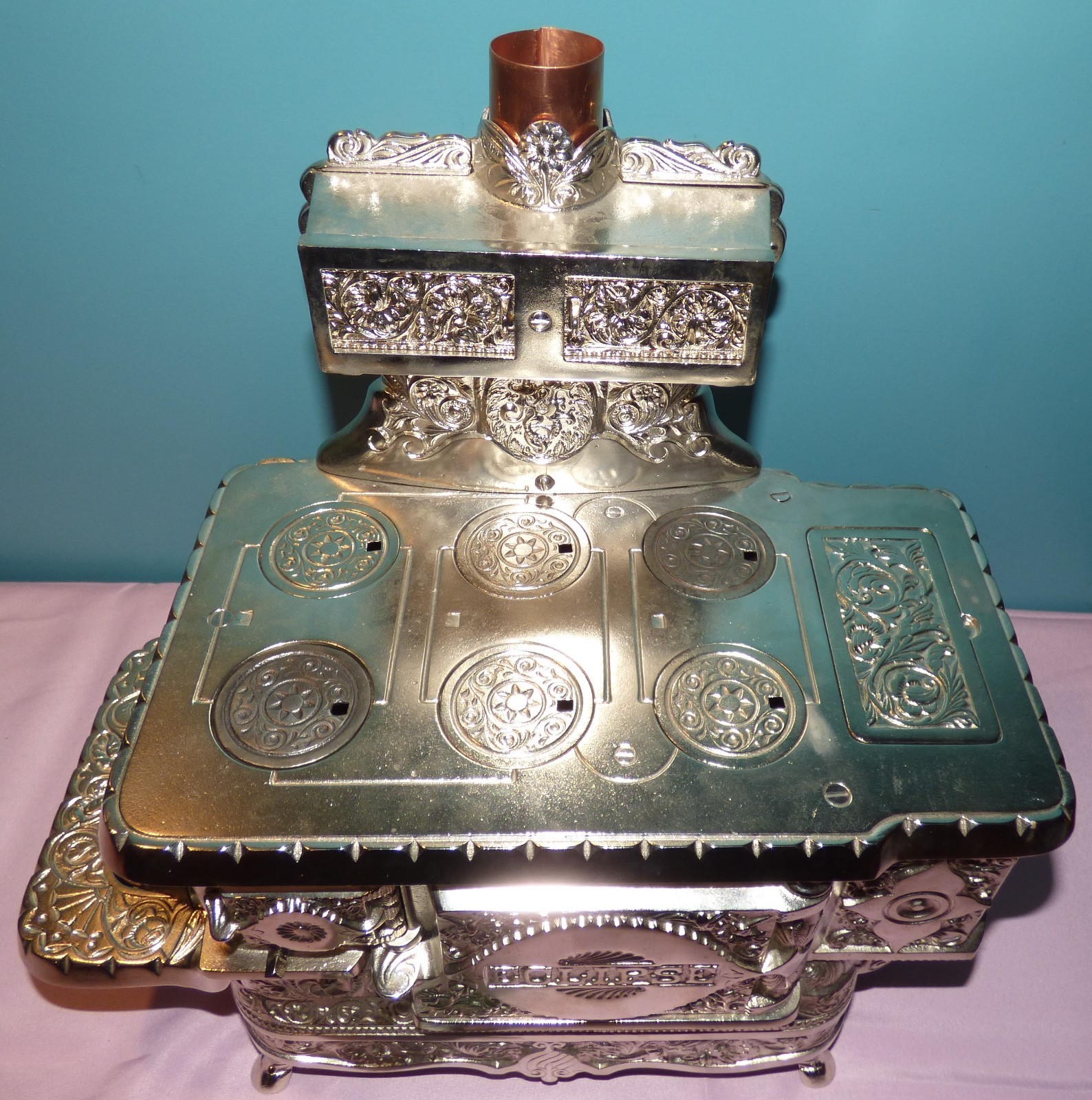 Large Antique Ornate Eclipse Cast Toy Stove, JE Stevens, Nickel-Plated