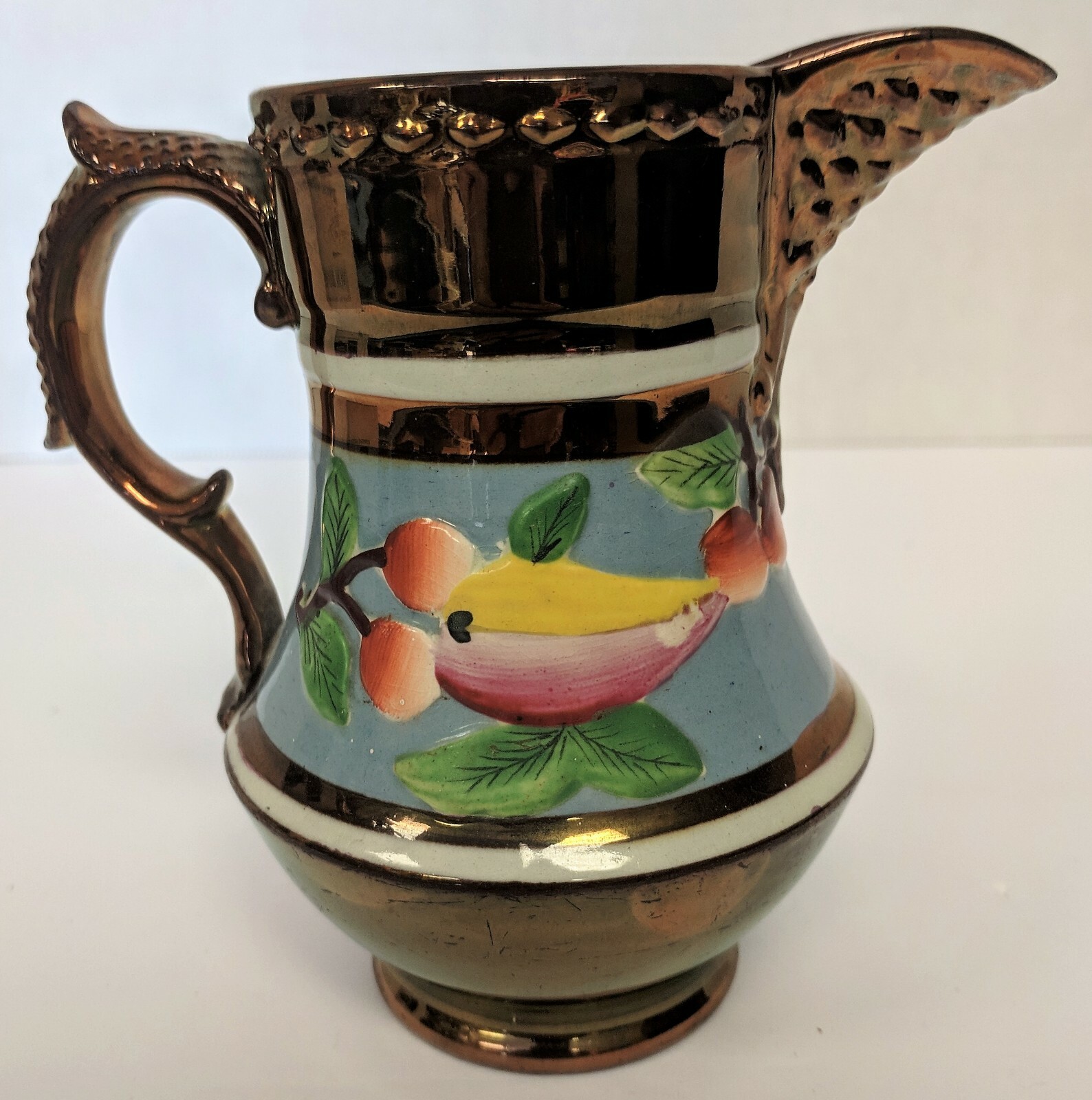Vintage Luster Pitcher with Embossed Fruit Flowers 5 Inches Tall