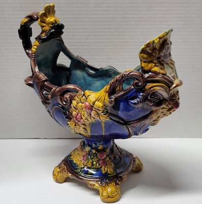 Antique Art Nouveau Barbotine Majolica Goddess Dragon Cache Planter Centerpiece