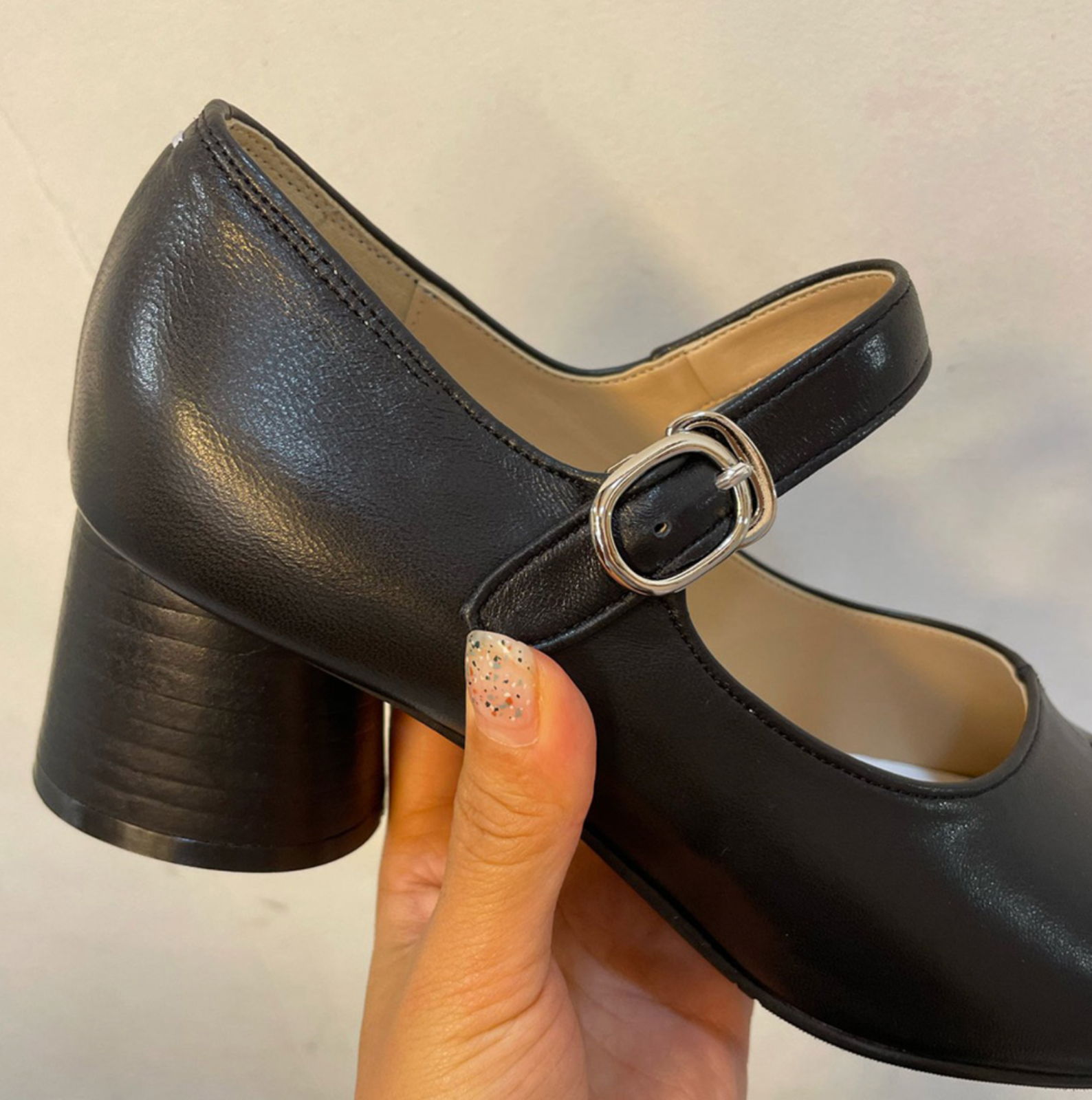 Pre-owned Handmade Women Cow Leather Tabi Heel Shoes Pumps Mary Jane Chuncky Heel Mid Roun In Black