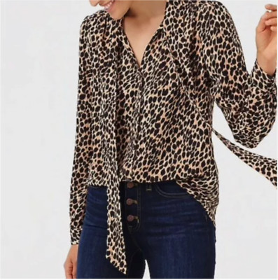 J Crew Animal Leopard Print Tie Neck Drapey Blouse Top Size Small